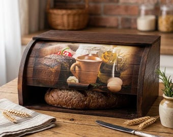 Wooden Bread Box 14.2 x 10.2 x 7.1 in, Rustic Kitchen Bread Keeper