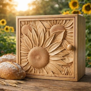 May include: A wooden bread bin featuring a carved sunflower design. The square box has a small wooden knob for a handle. Two loaves of bread and wheat stalks are in front of the bin on a wooden table. The background is a sunny garden.