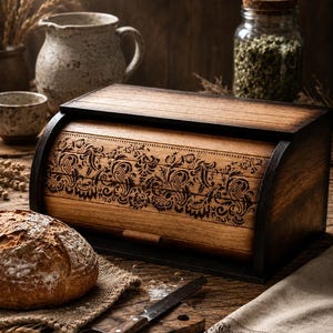 Puede incluir: Caja de pan de madera con un diseño floral decorativo en la parte delantera. La caja está teñida de un marrón cálido con bordes negros. Una hogaza de pan y un cuchillo de pan están sobre una superficie de madera.