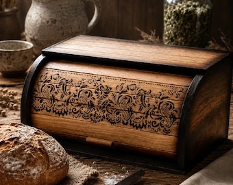 Carved Wooden Bread Box, 14.17x10.24x6.69in Beech Bread Storage Bin