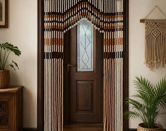 Wood Bead Door Curtain, Handmade Wooden Hanging Room Divider