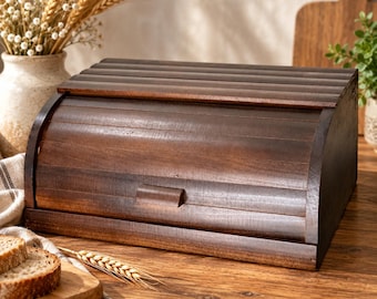 Wooden Bread Box Dark Brown, Wooden Bread Keeper with Roll Top Lid, Rustic Kitchen Storage, Handmade Bread Box