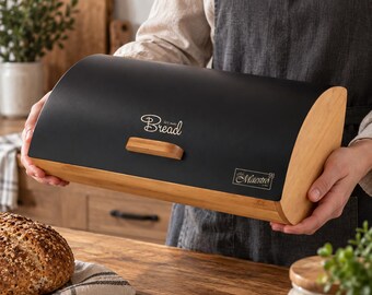 Bamboo Bread Box 14.4 x 9.8 x 5.2 in, Black Metal Lid, Modern Bread Keeper