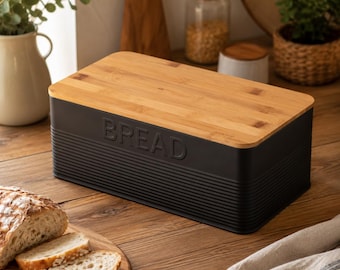 Black Bread Box, Metal Bread Bin with Bamboo Lid, Kitchen Storage
