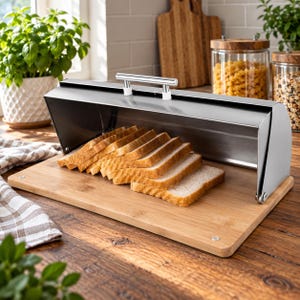 May include: A rectangular bamboo cutting board featuring a stainless steel roll-top bread cover with a silver handle. A row of sliced white bread is arranged neatly on the wooden surface, partially covered by the metal lid, showcasing a functional kitchen storage solution for bread.