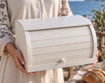 White Wooden Bread Box 14.2 x 10.2 x 7.1 in, Rustic Kitchen Bread Keeper