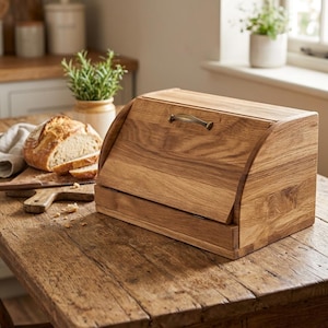 May include: A wooden bread bin with a curved top and a hinged door. The bin is made of light brown wood and has a metal handle. A loaf of bread and a cutting board are visible on a wooden table.