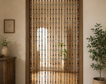 Wooden Beaded Door Curtain, Beech Wood Doorway Curtain, Brown and Yellow