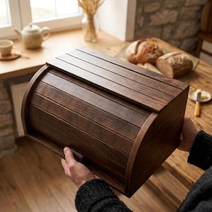 Brödlåda i trä med lock, mörkbrun, 35 cm, brödlåda för köksförvaring
