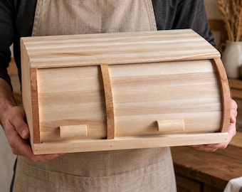 Wooden Bread Box 17.32 in, Beech Bread Keeper with 2 Compartments