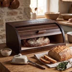 Brödlåda i trä med lock, mörkbrun, 35 cm, brödlåda för köksförvaring