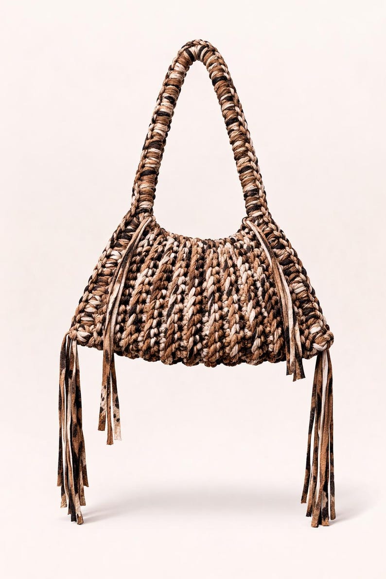 May include: A handcrafted, woven handbag in shades of brown, beige, and black. The bag features a braided handle and decorative fringe. The bag's texture and color palette suggest a natural, bohemian style.