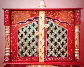 Mandirwood Gold Red Wooden MDF Mandir with Drawers – Handcrafted Hindu Temple for Home Pooja, Decorative Spiritual Decor, 18x9x22 Inch