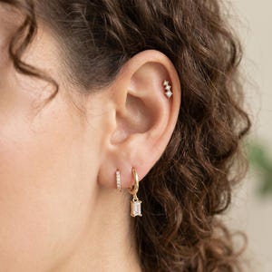 18K Gold Filled 3-Piece Earrings Set, CZ Huggie Hoops, Rectangle Drop Earrings, Dainty Stud Earrings Gift For Her