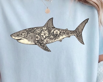 Floral Shark Shirt for Scuba Divers, Comfort Colors® Great White Predator Tee, Ocean Lover Botanical Top