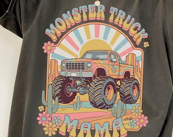 Groovy Monster Truck Mama Shirt, Comfort Colors® Mom Life Oversized Tee, Boho Hippie Monster Jam Tshirt, 60's Retro Vibe New Mom Gift