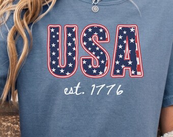 USA Est 1776 Shirt, Comfort Colors® Stars and Stripes Varsity Tee, 250th Birthday Anniversary, Retro Patriotic America Independence Day