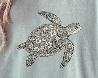 Floral Turtle Shirt, Comfort Colors® Sea Turtle Cottagecore Tee, Boho Botanical Marine Life Tshirt, Coastal Ocean Beach Tee