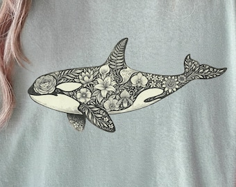 Floral Orca Shirt, Comfort Colors® Killer Whale Cottagecore Tee, Botanical Marine Life Graphic