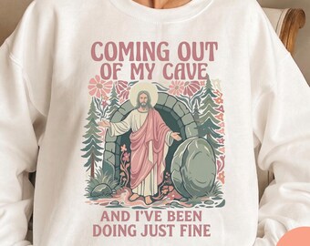 Coming Out Of My Cave Sweatshirt, Funny Jesus Sweater, Christian Humor Gift, Groovy Religious Pun, Sunday Church Crewneck