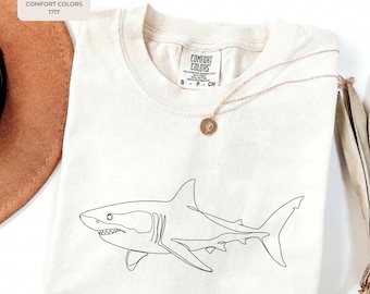 Minimalist Shark Single Line Art Tee, Comfort Colors® Great White Marine Biology Shirt, Ocean Lover Gift