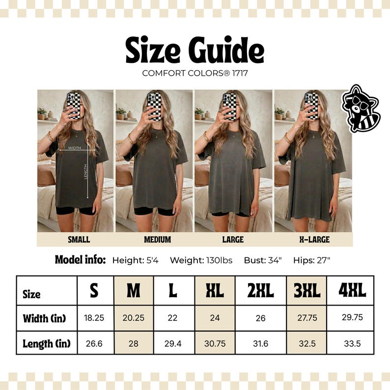 K&ouml;nnte beinhalten: Gr&ouml;&szlig;entabelle f&uuml;r Comfort Colors 1717 T-Shirts. Die Tabelle enth&auml;lt Ma&szlig;e f&uuml;r Breite und L&auml;nge in Zoll f&uuml;r die Gr&ouml;&szlig;en S bis 4XL. Die Modelldaten sind: Gr&ouml;&szlig;e 163cm, Gewicht 59kg, Brustumfang 86cm und H&uuml;fte 69cm.