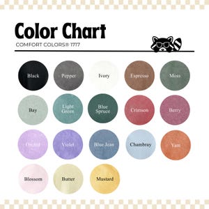 K&ouml;nnte beinhalten: Farbkarte mit einer Vielzahl von Farben, darunter Schwarz, Elfenbein und Karmesinrot. Die Karte tr&auml;gt die Aufschrift "Color Chart" und "COMFORT COLORS&reg; 1717". Ein Waschb&auml;r mit Brille befindet sich in der oberen rechten Ecke.