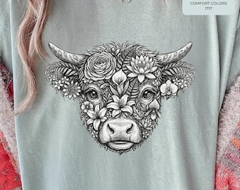 Floral Highland Cow Farm Girl Shirt, Comfort Colors® Botanical Cow Tee, Cottagecore Animal Top