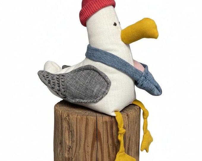 Featured listing image: Handmade Stuffed Seagull with Removable Red Hat, Denim Bag and Pink Fish