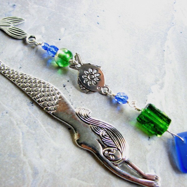 Mermaid Sea Glass Bookmark, Beaded Blue and Green Fish Book Mark, Seaglass Beach Gift TeacherGift Ideas Book Accessory