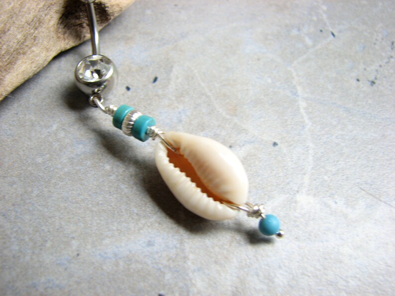 Long Turquoise and Silver Surgical Steel Beach Belly Button Jewelry Cowrie Sea Shell Belly Button Rings