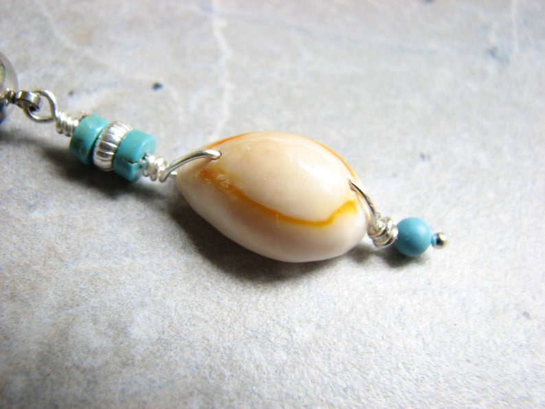Long Turquoise and Silver Surgical Steel Beach Belly Button Jewelry Cowrie Sea Shell Belly Button Rings