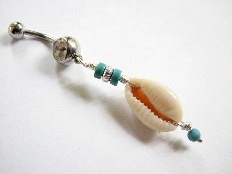 Long Turquoise and Silver Surgical Steel Beach Belly Button Jewelry Cowrie Sea Shell Belly Button Rings