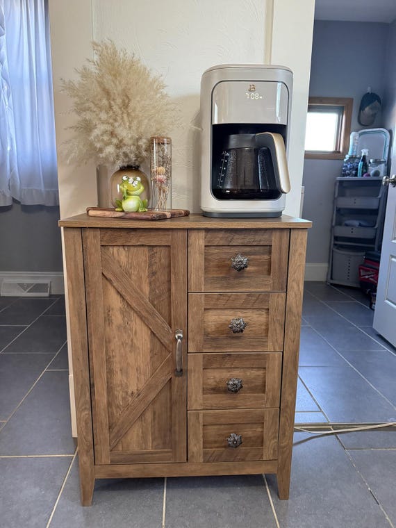 Farmhouse Storage Cabinet, Bathroom Floor Cabinet with Barn Doors, Freestanding Kitchen Pantry, Adjustable Shelves