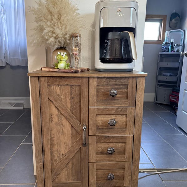 Farmhouse Storage Cabinet, Bathroom Floor Cabinet with Barn Doors, Freestanding Kitchen Pantry, Adjustable Shelves
