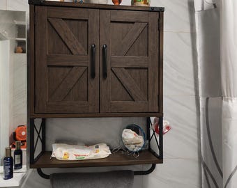 Rustown Farmhouse Medicine Cabinet with Barn Doors & Towel Rack