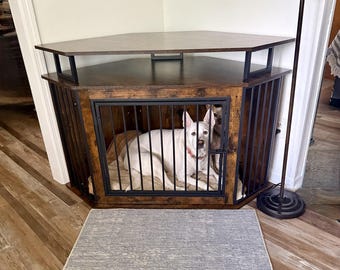 Wooden Corner Dog Crate Furniture, Large Dog Kennel with Storage Shelves, TV Stand