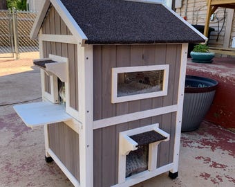 Wooden Outside Cat Shelter with Escape Door-2-Layer