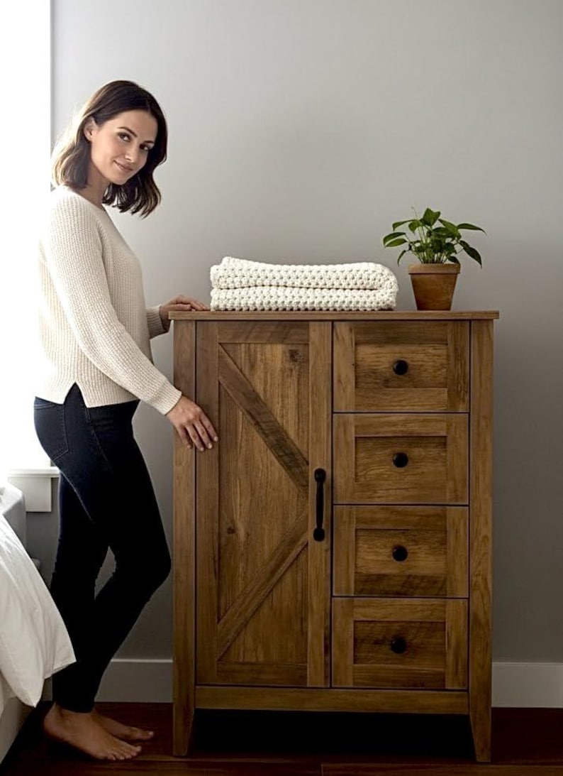 May include: A wooden cabinet with a rustic design. The cabinet has a barn door style on the left and three drawers on the right. A stack of cream-colored blankets and a potted plant sit on top. The cabinet is made of wood and has a dark brown finish.