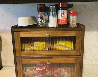 Solid Pine Wood Bread Box | Rustic Kitchen Storage Cabinet, Double Layer Home Organizer