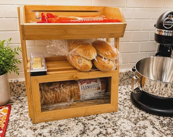 2-Tier Bamboo Bread Box | Farmhouse Kitchen Countertop Organizer with Clear Window