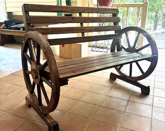 Carbonized Wagon Wheel Wooden Garden Bench with Armrest -Rustic