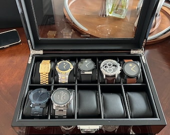 2-Layer Synthetic Leather Wooden Watch Case with Large Glass Lid