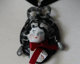 Doll Maker: Porcelain Bisque Doll Black and Red Cameo with Beading and Embroidery Necklace Choker | Gothic Cameo | Creepy Cute Necklace