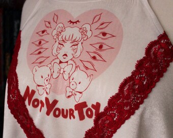 LVH x PP | 'Not Your Toy' Creepy Cute White Silky Slip Dress with Eyes | Pastel Goth | Yami Kawaii | Punk | Alt Fashion | Evil Eye Menhera