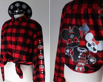 SPOOKY MOUSE | Clowncore Circus Soft Flannel Button Up Red Black Buffalo Plaid | Pastel Goth Shirt | Circus Mouse | Kawaii Clown