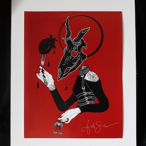 Puede incluir: Una llamativa ilustración sobre un fondo rojo presenta una calavera negra, una figura sin cabeza y un corazón en un tenedor. La figura viste un atuendo negro y el texto "Eat the Rich" es visible en la muñeca. La obra está firmada.