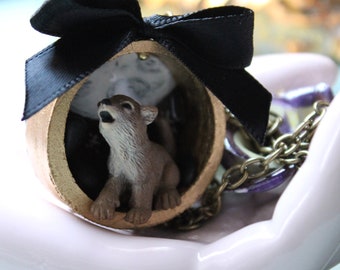 SPIRIT GUIDE Medallion: Baby Wolf Pup Howling at the Moon Miniature Terrarium Necklace | Wolf Locket | Wolf Necklace | Kawaii Wolf