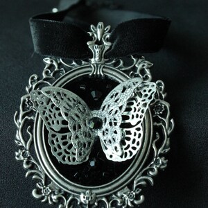 NIGHTSHADE Gothic Black Velvet Silver Butterfly Choker Cameo with Swarovski Crystals and Beads Punk Alt Fashion Gothic Lolita Ero image 4