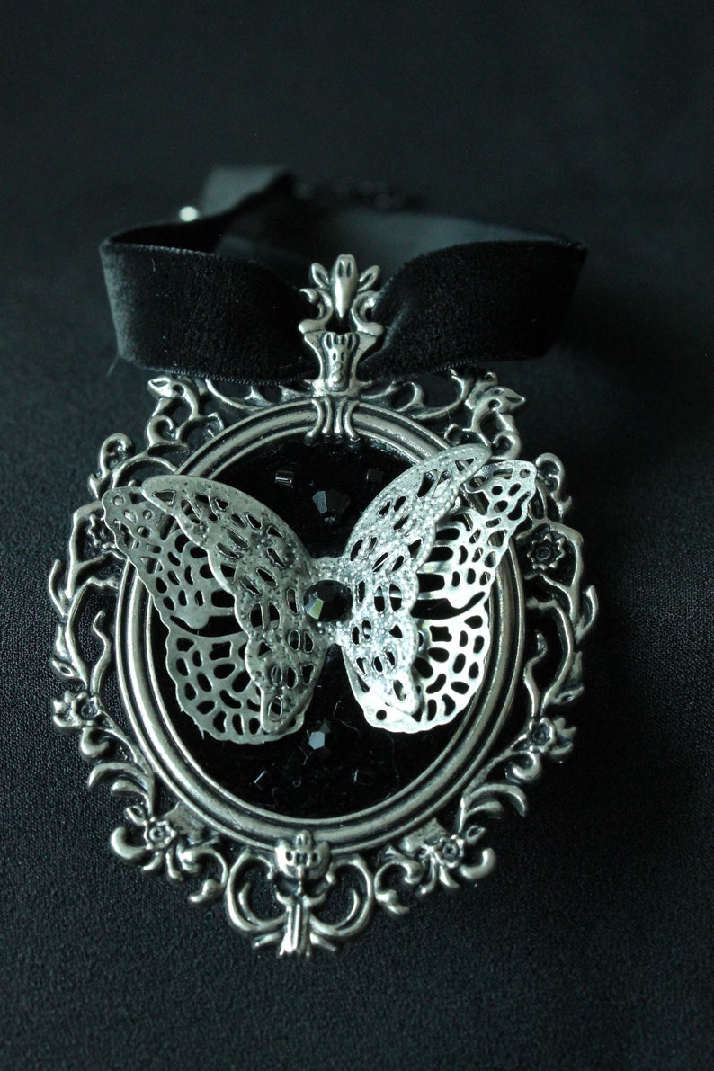 NIGHTSHADE Gothic Black Velvet Silver Butterfly Choker Cameo with Swarovski Crystals and Beads Punk Alt Fashion Gothic Lolita Ero image 4